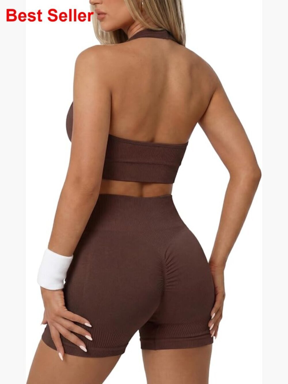 Seamless Ribbed Halter Sports Bra and High Waist Biker Shorts Workout Set